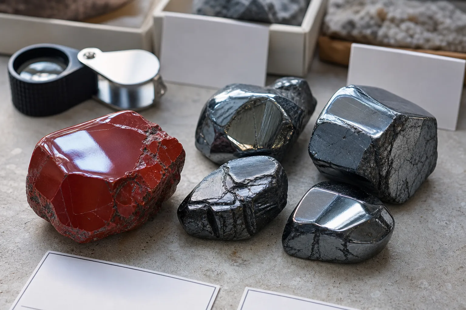 Polished red cinnabar-style piece beside dark metallic hematite pieces for surface comparison