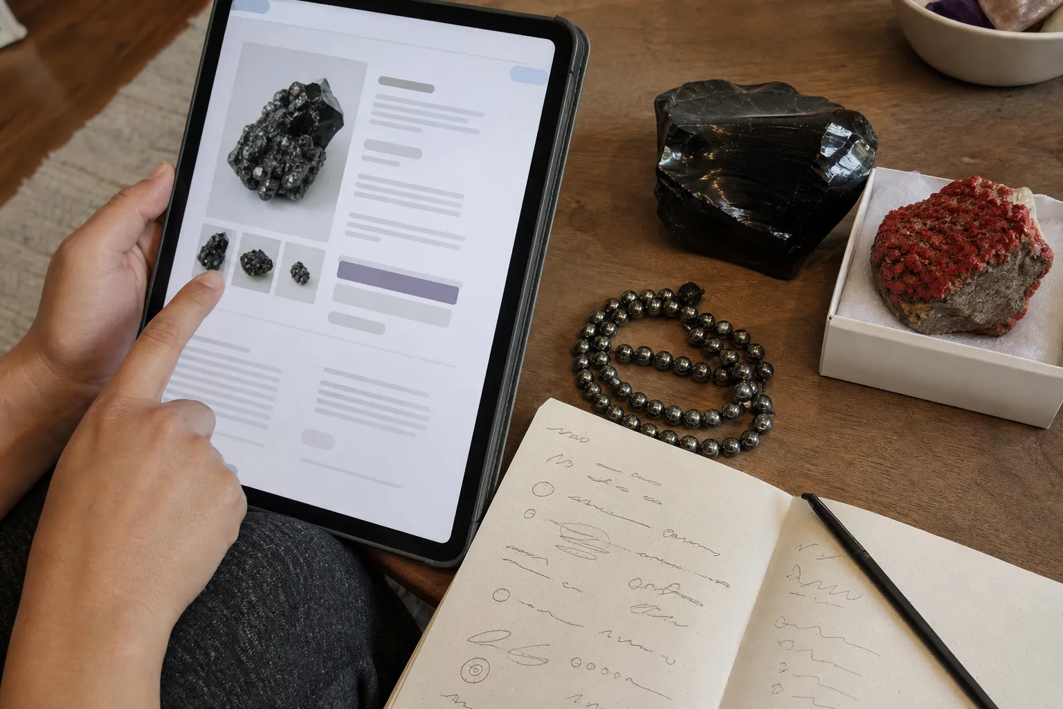 A buyer reviewing a crystal marketplace listing beside obsidian, cinnabar, and hematite comparison notes before choosing whether to follow a product link