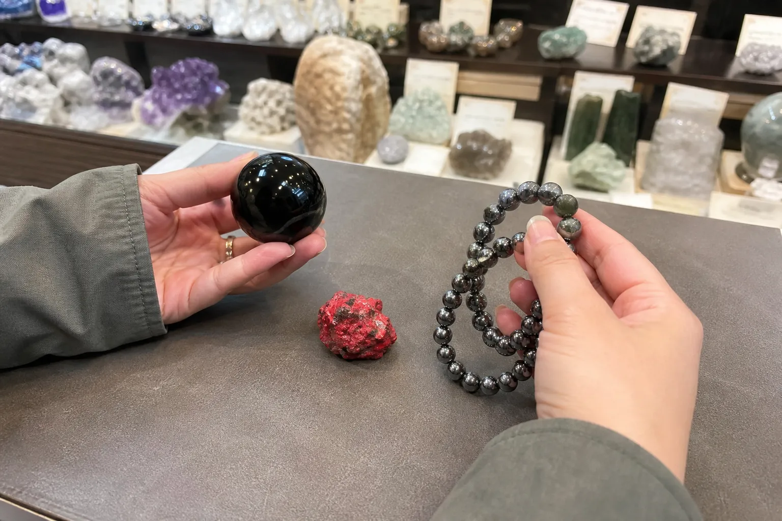 A shop counter comparison of polished black obsidian, a red cinnabar specimen kept aside, and gray hematite beads with unreadable labels