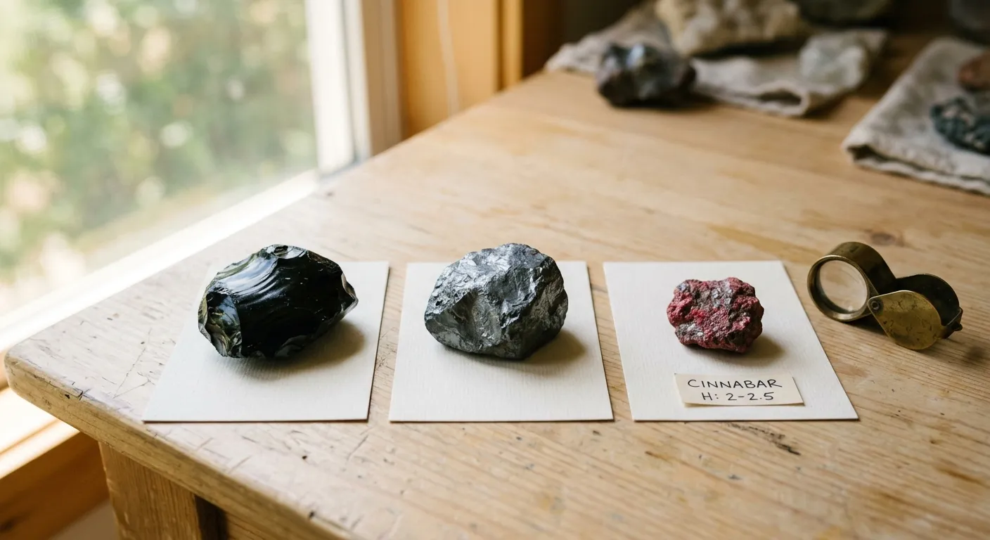 Obsidian, hematite, and cinnabar-labeled pieces compared as different meaning and handling choices