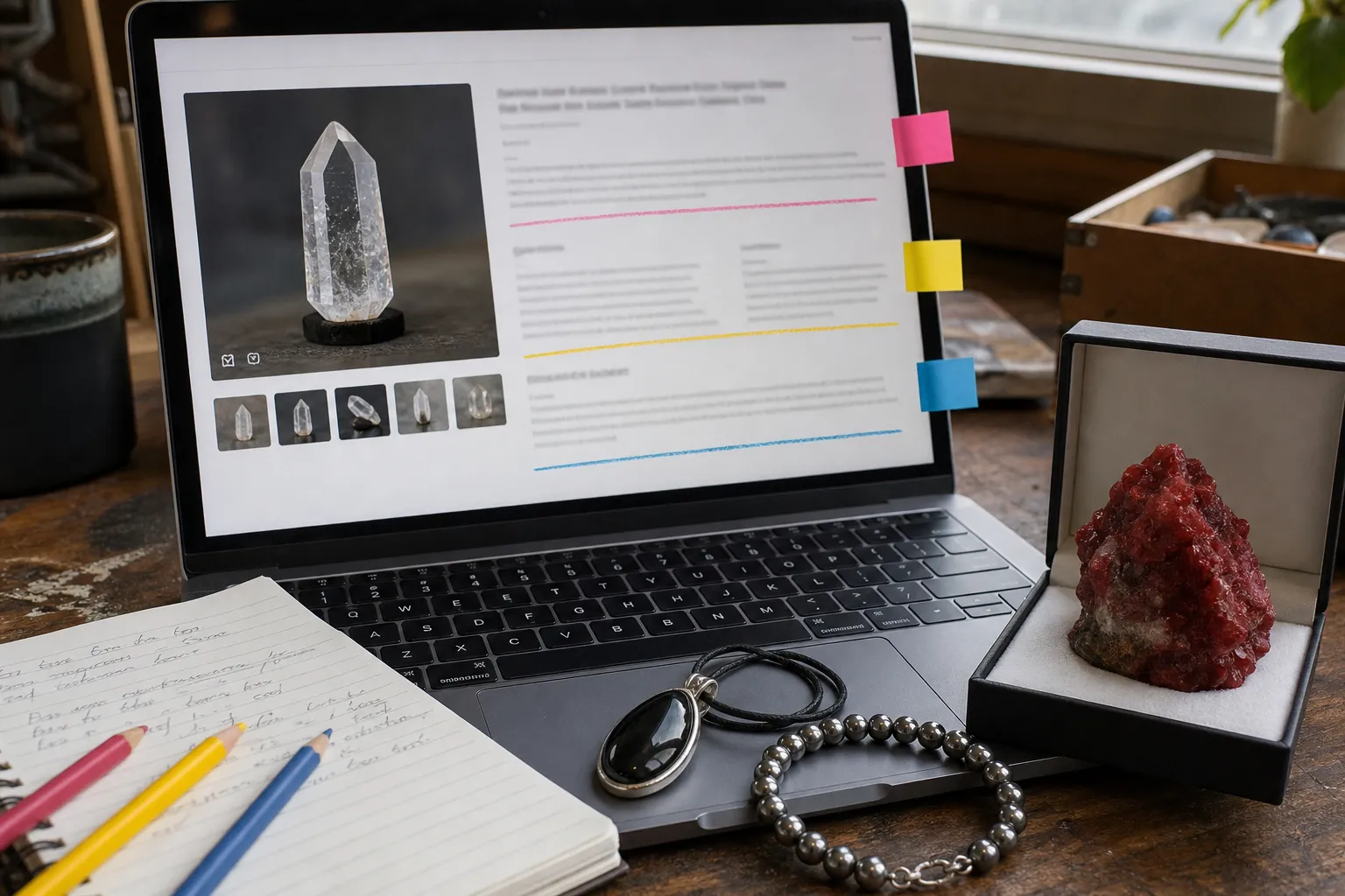A crystal product listing being read through meaning, material, and handling details