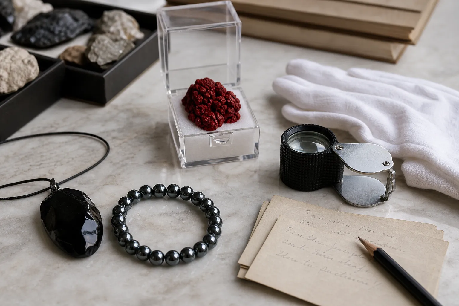 Obsidian, hematite, and cinnabar shown as meaningful stones that still need material judgment