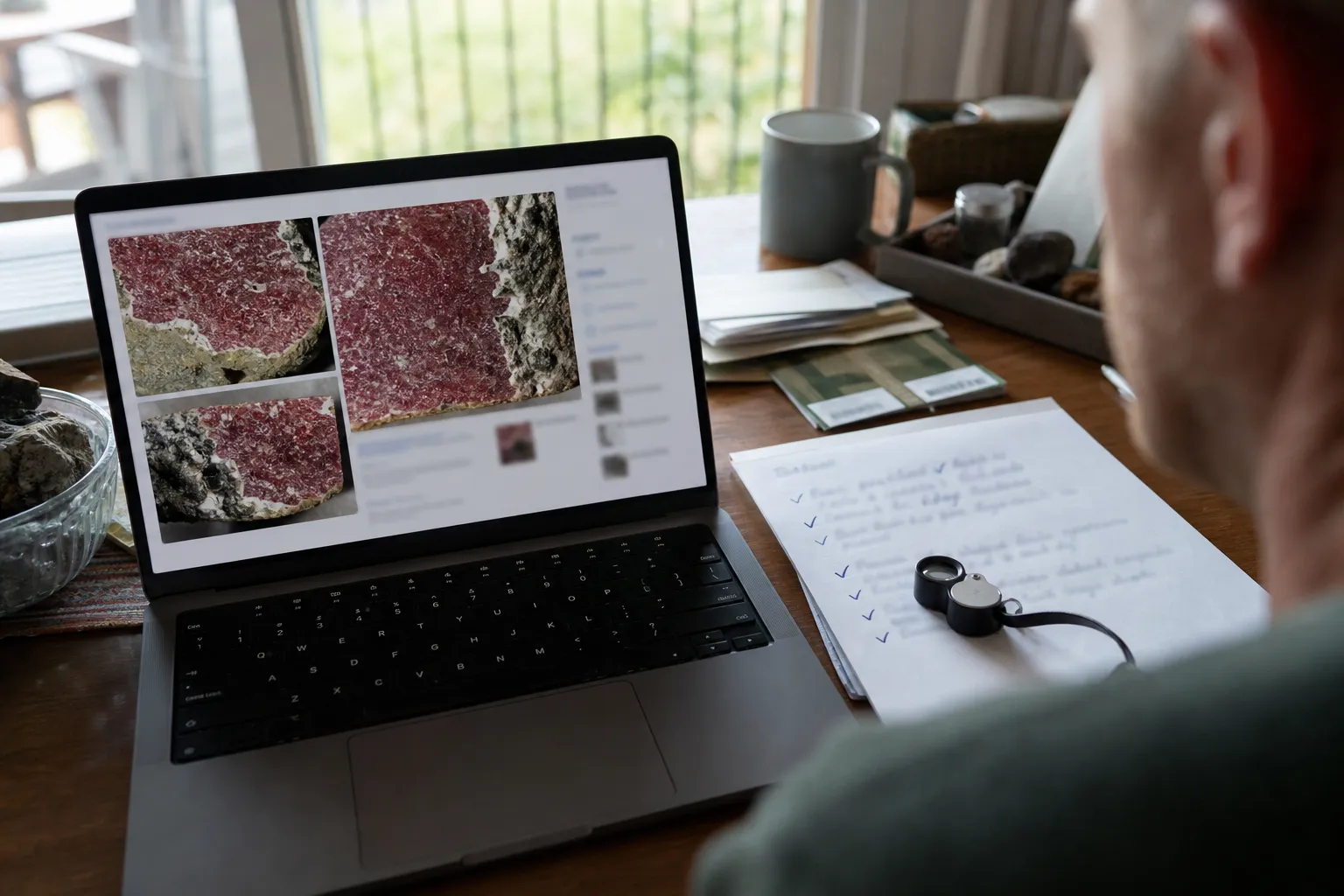 Buyer comparing listing photos and close surface details before treating raw cinnabar as unverified