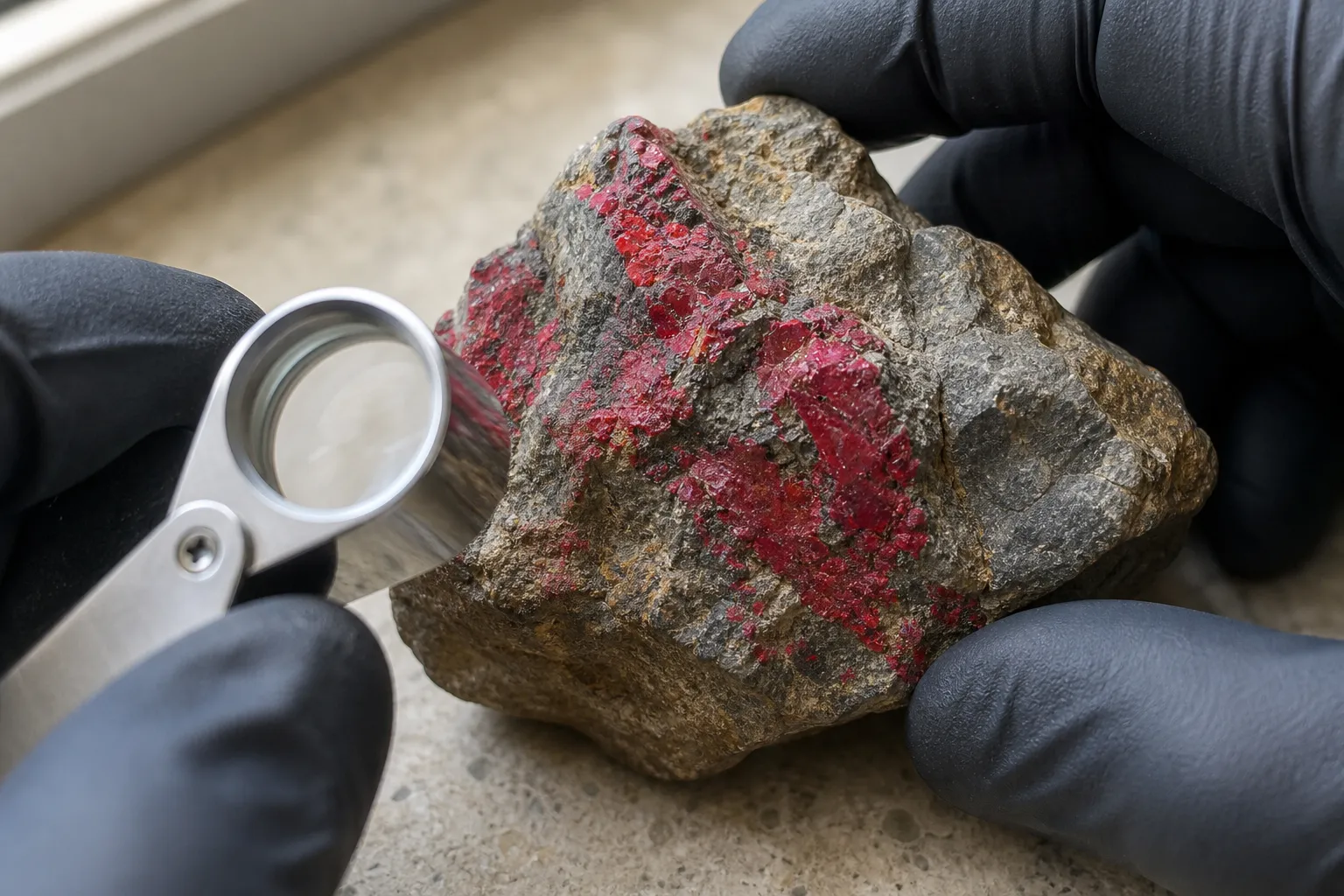 Raw red cinnabar-like mineral areas on matrix inspected as a cautious first screen