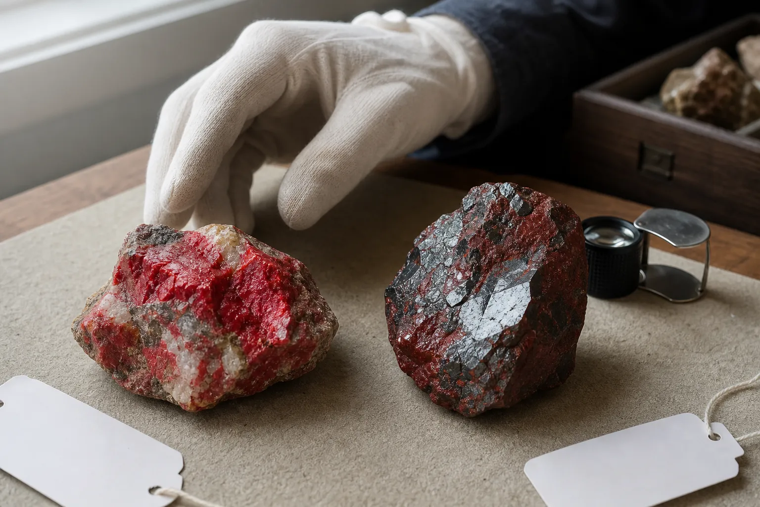 Raw red mineral specimens compared as suspected cinnabar and raw hematite for handling decisions