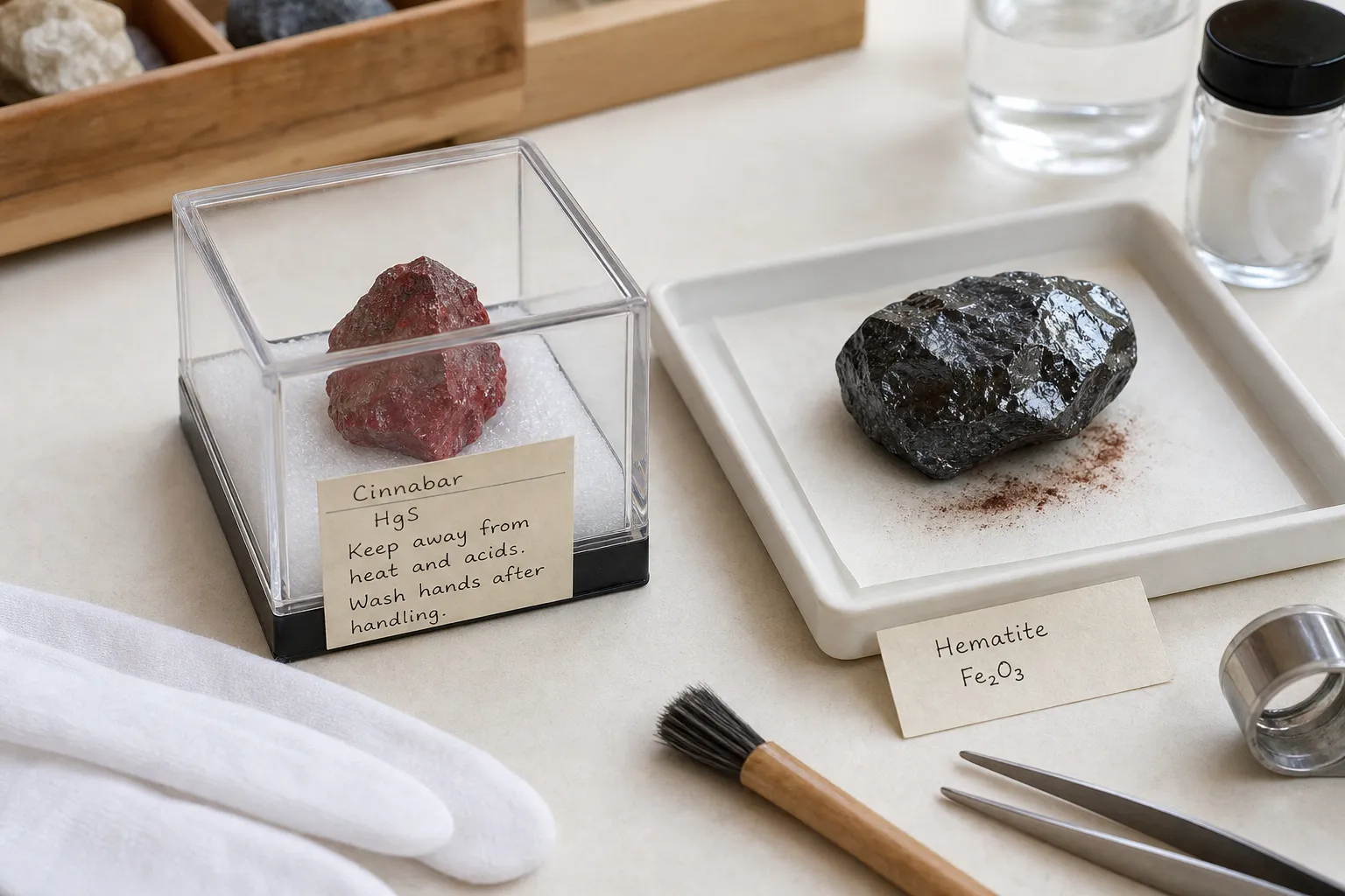 Suspected cinnabar specimen stored separately in a closed labeled container beside raw hematite
