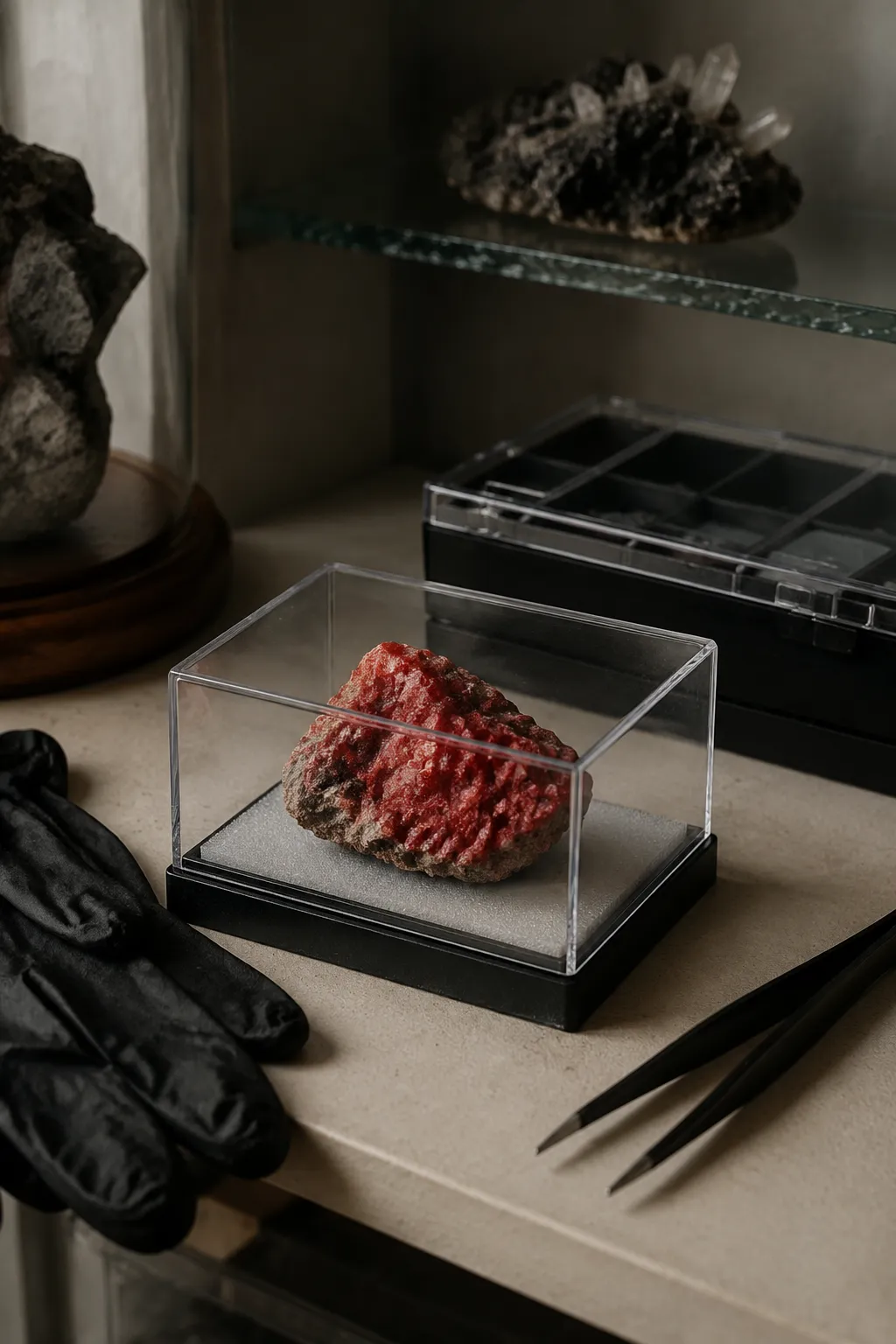 Cinnabar specimen in a display setting with careful handling cues and no mouth contact