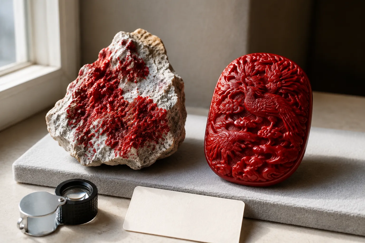 Raw cinnabar specimen beside a polished red carved object for comparing material meaning and finish meaning