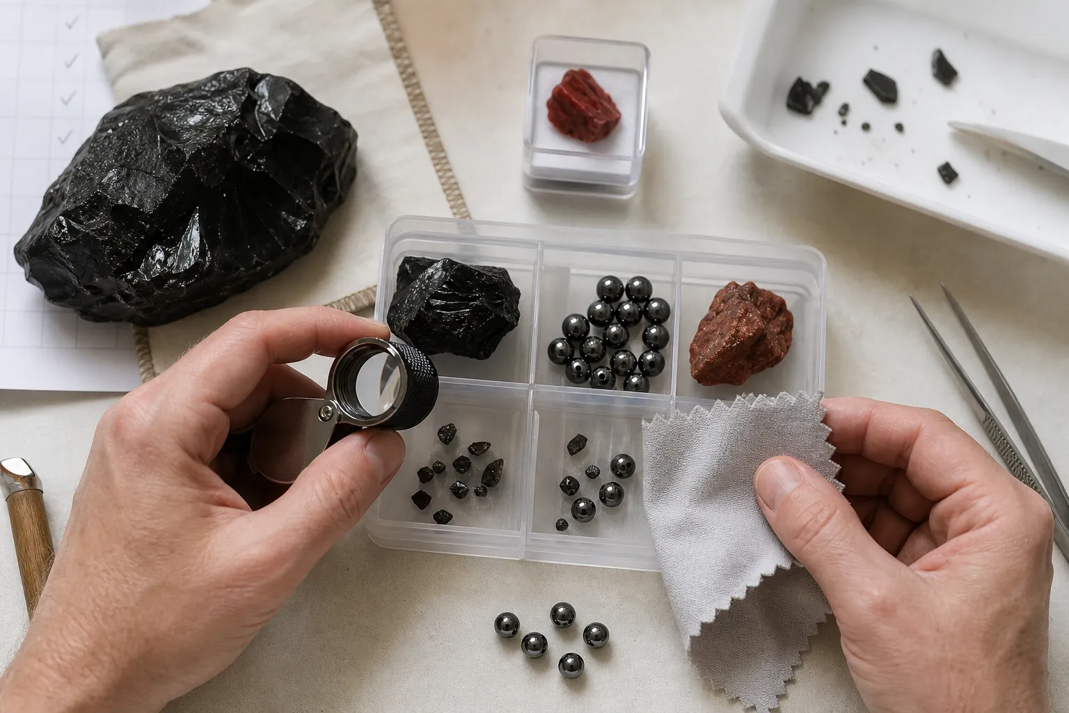 Hands inspecting crystal edges, residue, and storage separation before close handling