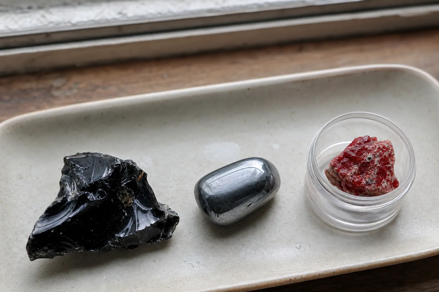 Raw obsidian, tumbled hematite, and a red mineral specimen compared for handling precautions