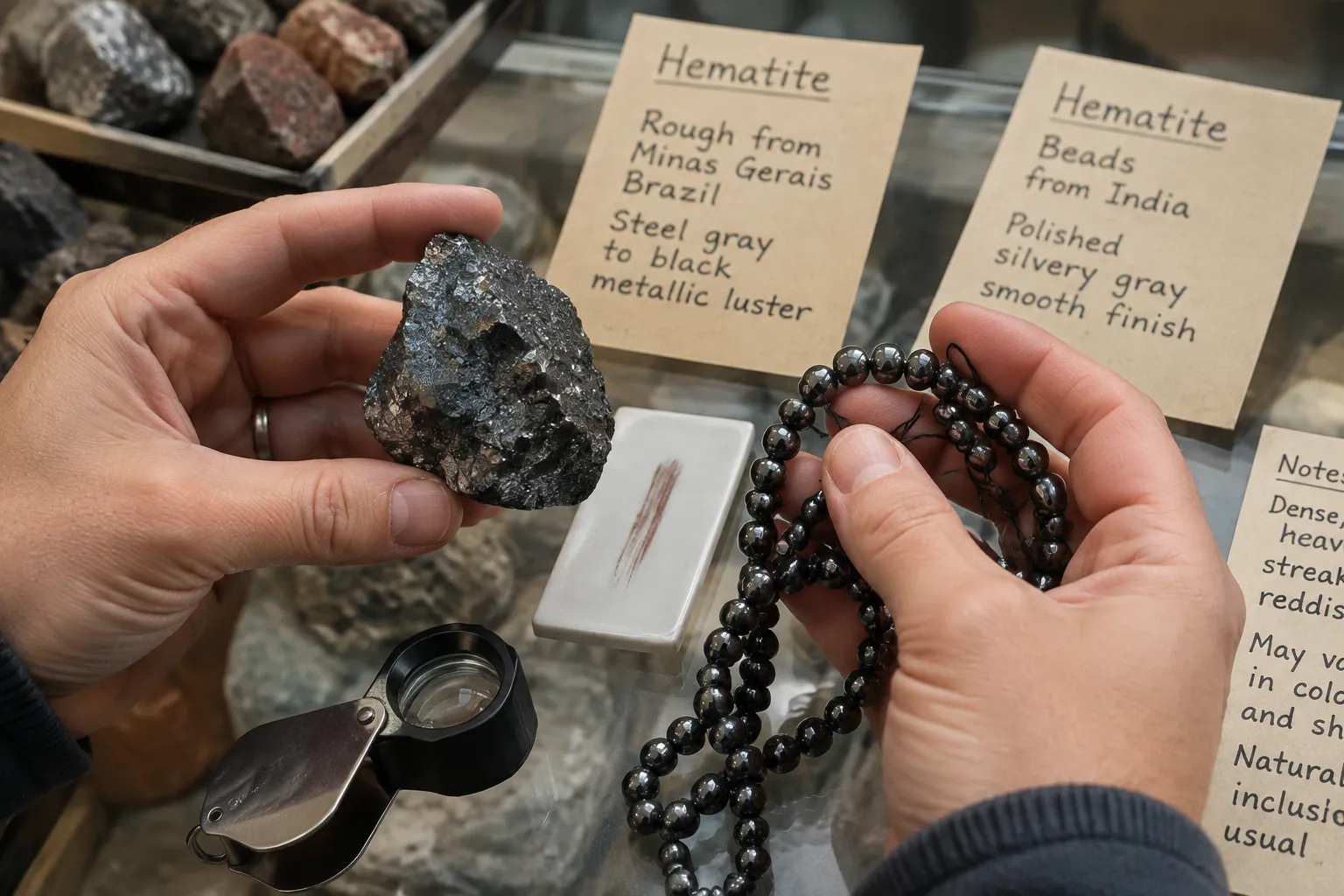 A buyer comparing raw hematite texture with polished hematite luster and seller wording
