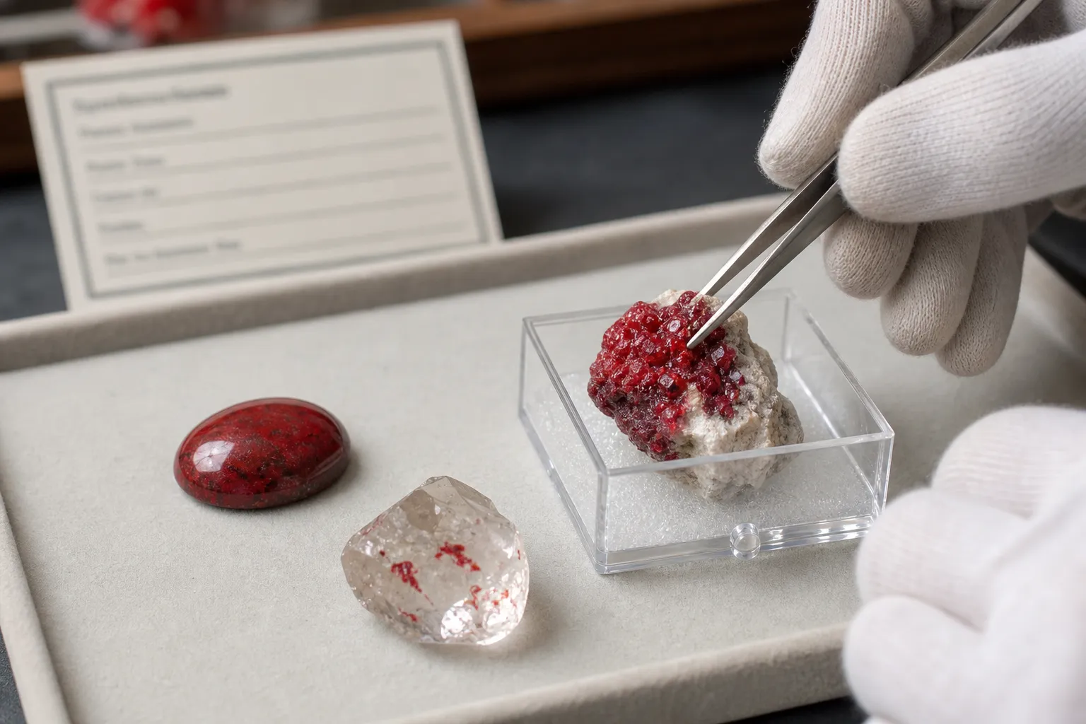 Cinnabar specimens and polished red material shown as items that still require cautious handling and clearer seller details