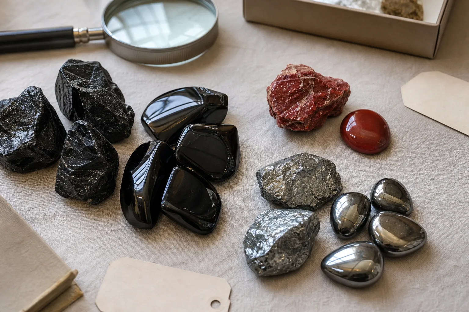 Raw and polished obsidian, cinnabar, and hematite pieces arranged for comparing finish cues rather than identity claims