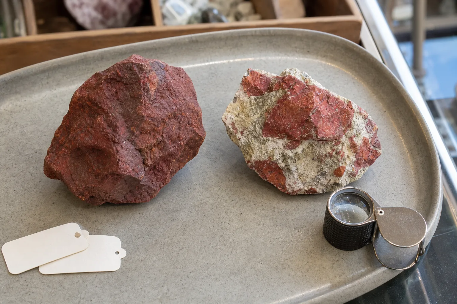 Red hematite and cinnabar candidates shown side by side for visual comparison