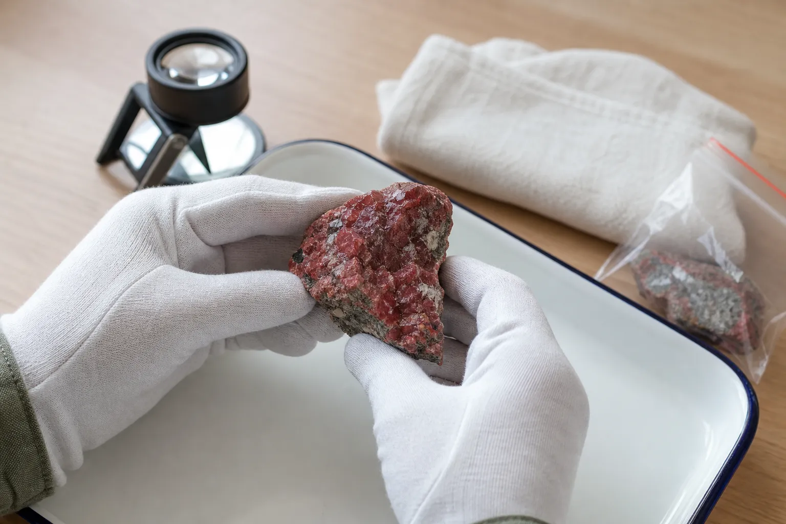 Careful handling of an uncertain red mineral specimen without making powder