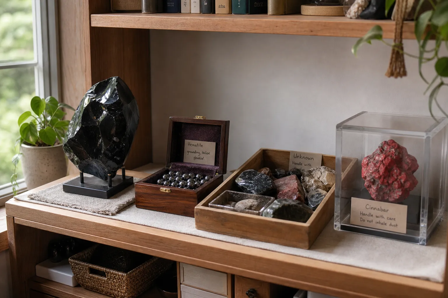 Mixed crystal shelf with separated obsidian, hematite beads, and a labeled red specimen in a closed case