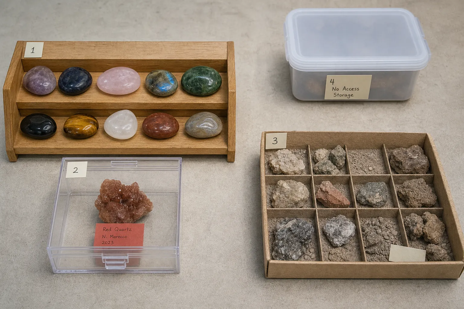 Crystal storage zones showing an open shelf, closed case, sorting box, and no-access container