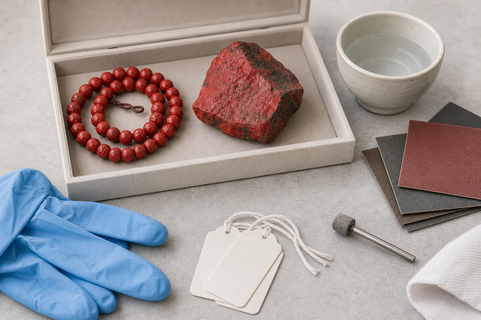 Red cinnabar-style beads and a rough red specimen kept separate from water and dust-making tools