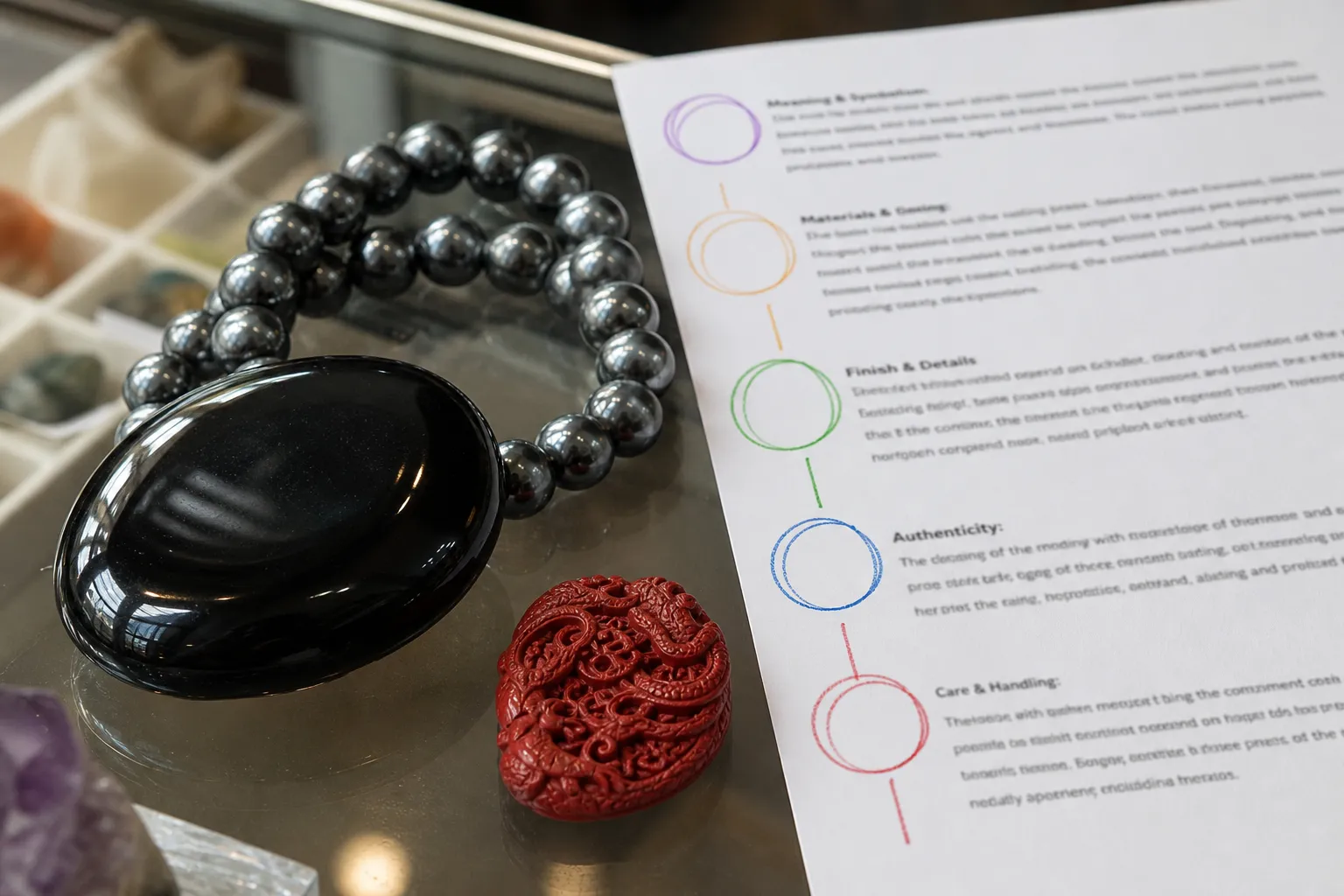 Black obsidian, hematite, and red cinnabar-style items arranged beside an unreadable seller listing for comparison
