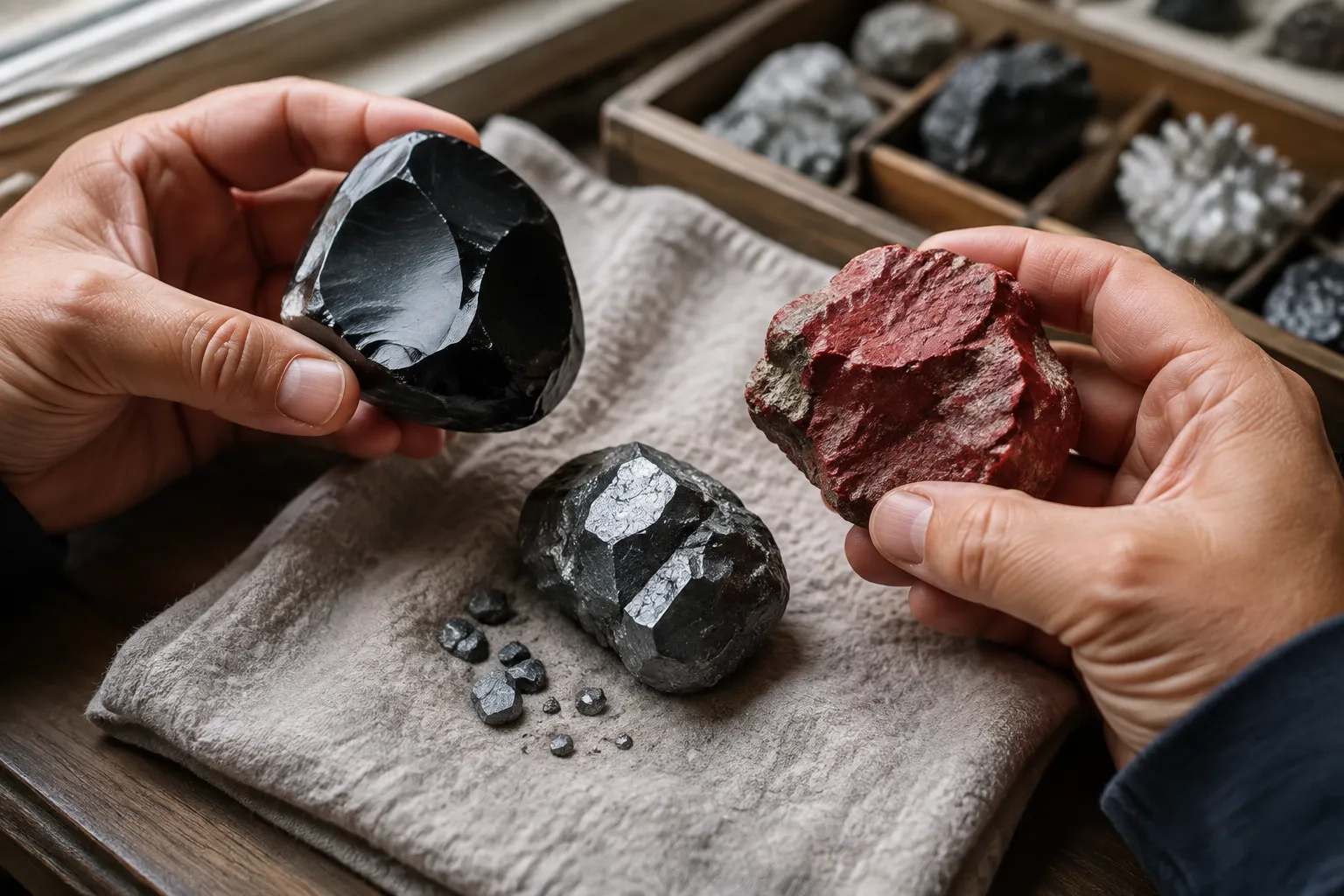 Careful inspection of polished obsidian, dusty cinnabar, and metallic hematite before storage