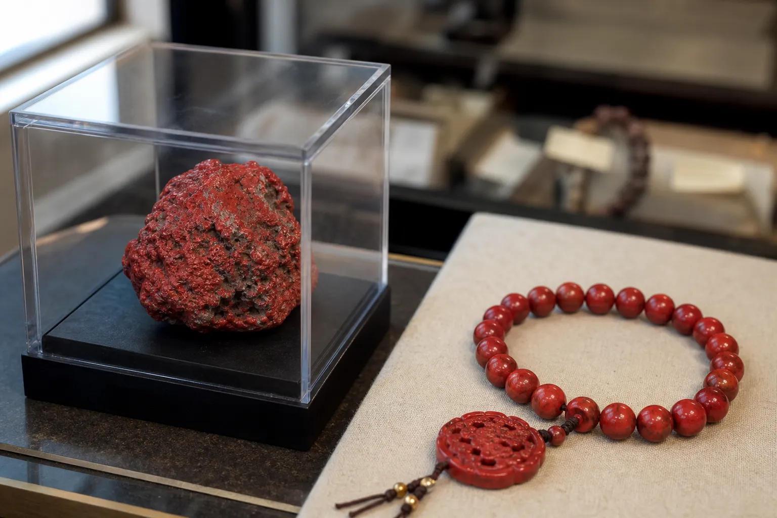 Cinnabar specimen kept in a small display case beside an unworn jewelry piece for a cautious wear versus display decision