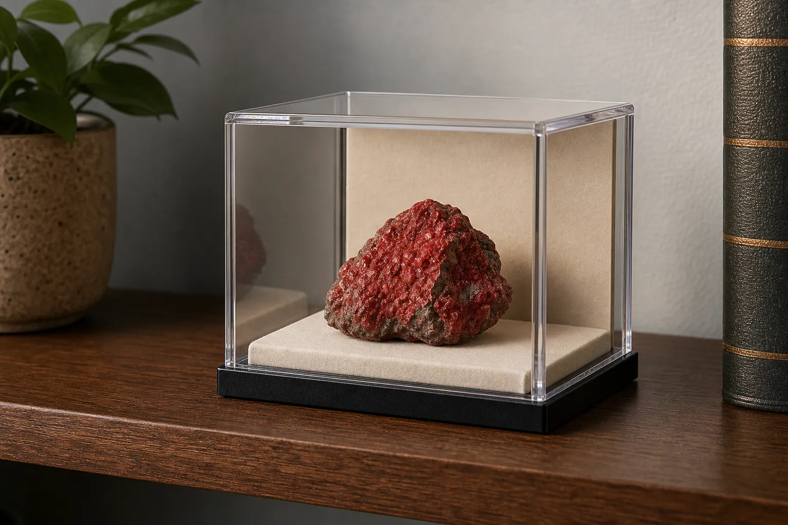 Cinnabar specimen stored in a small enclosed case away from casual handling
