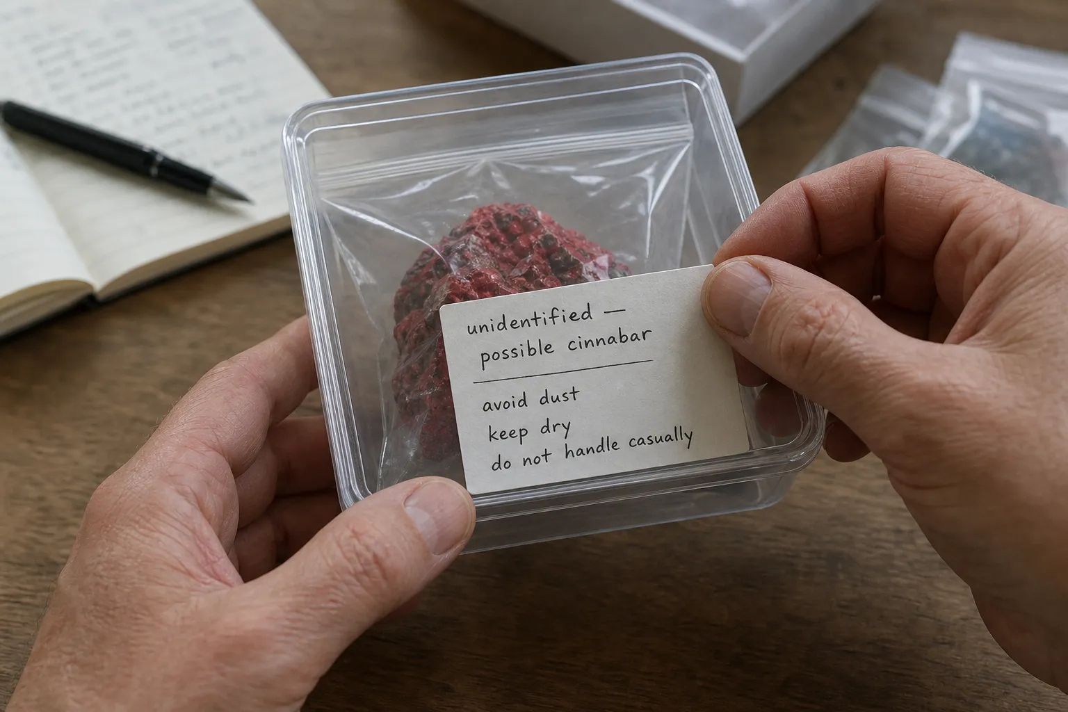 Label for an unidentified red mineral noting possible cinnabar and handling limits