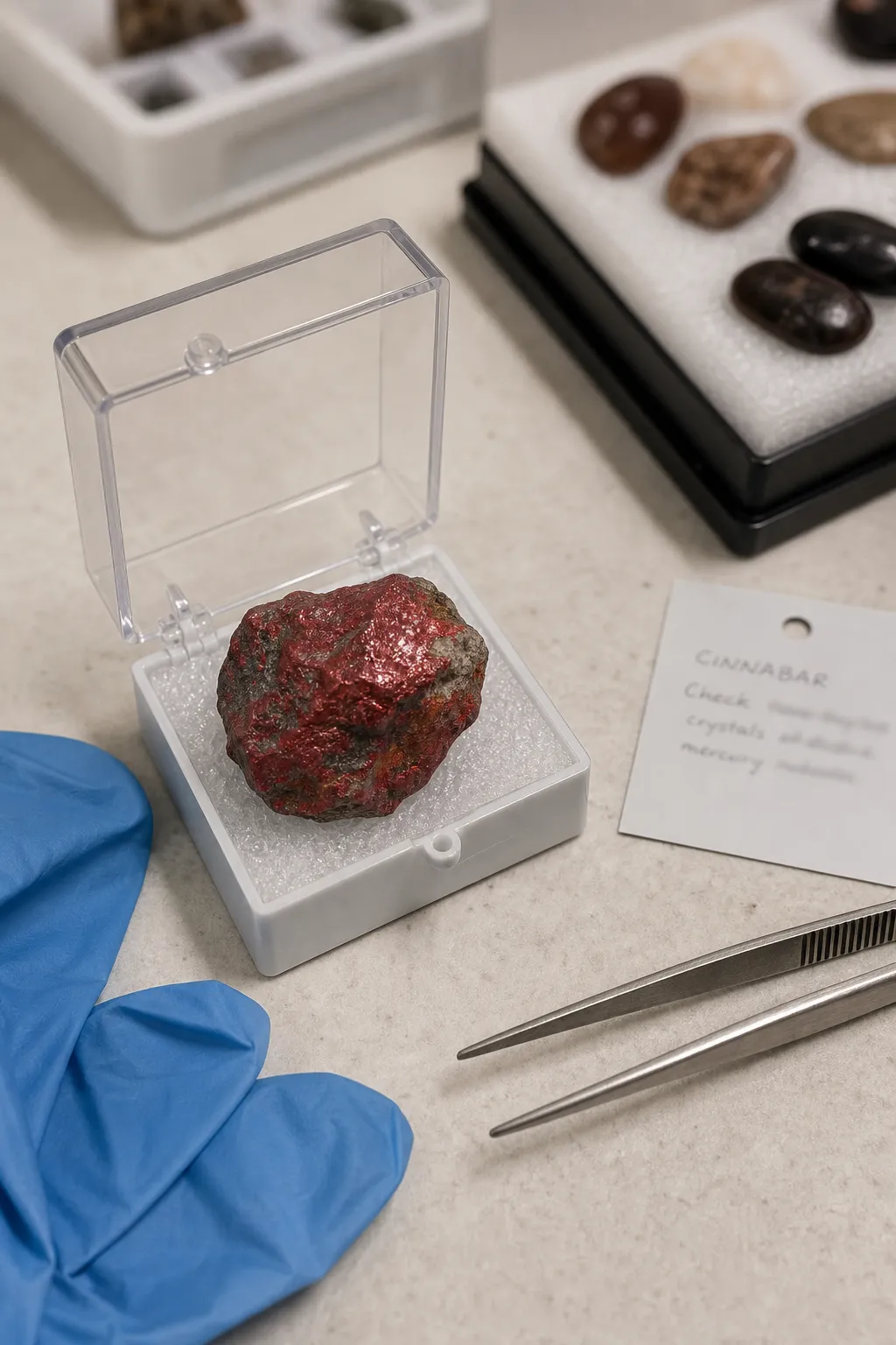 Cinnabar specimen kept separate with careful handling context