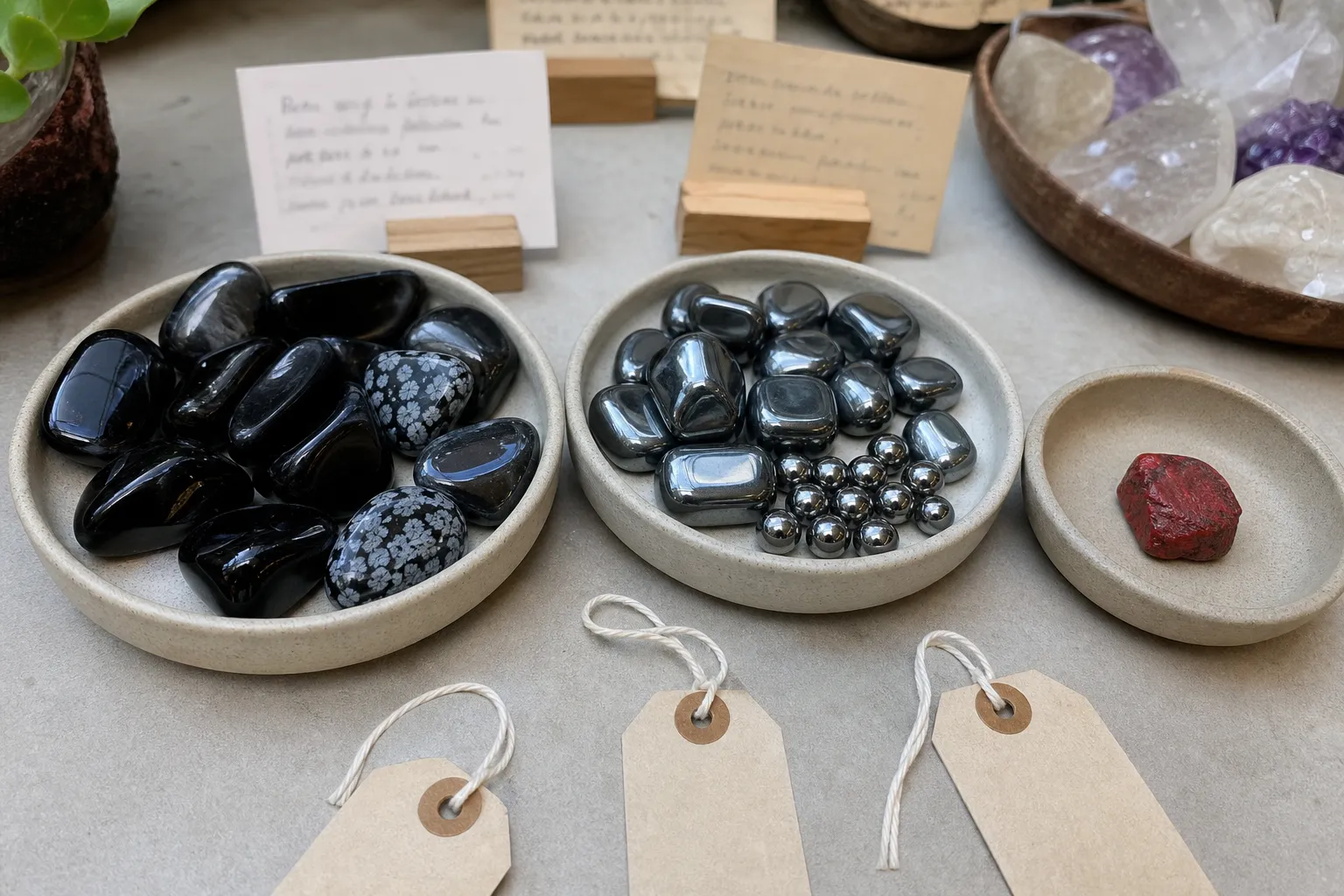Tumbled obsidian, cinnabar, and hematite shown as separate buyer listing examples