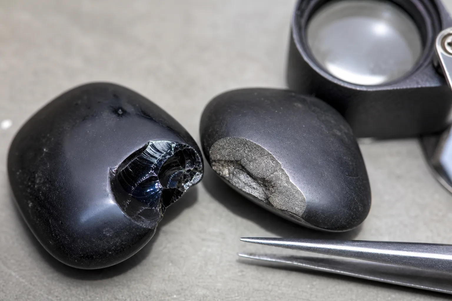 Close inspection of chipped dark tumbled stones showing glassy edges and metallic worn spots