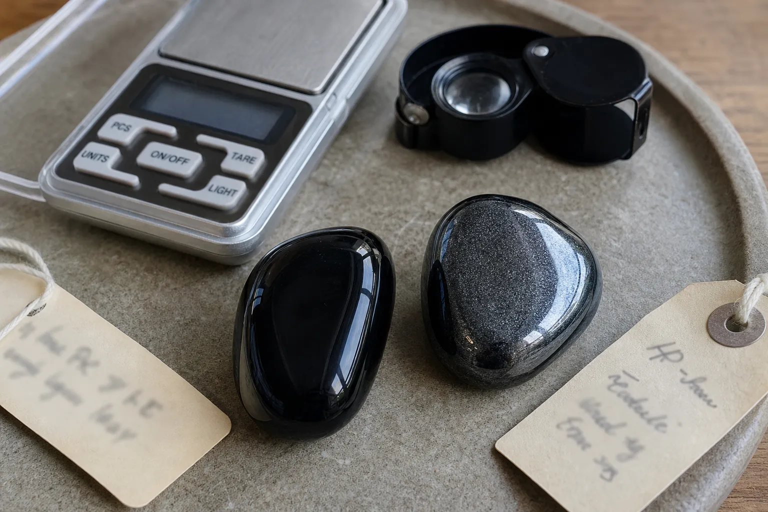Tumbled black obsidian and tumbled hematite compared for weight, shine, color, and chips