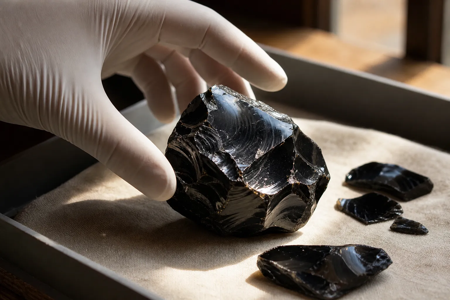 Gloved hand inspecting rough raw obsidian edges before lifting the piece