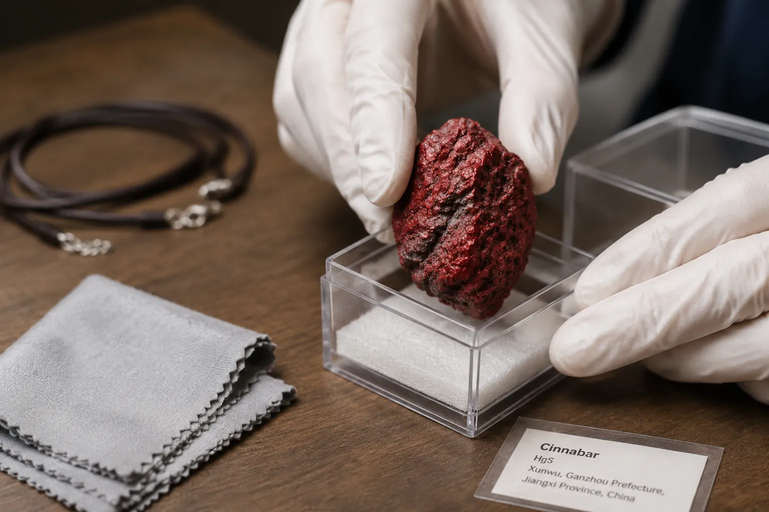 Cinnabar specimen handled as a display mineral rather than a casual wearable object