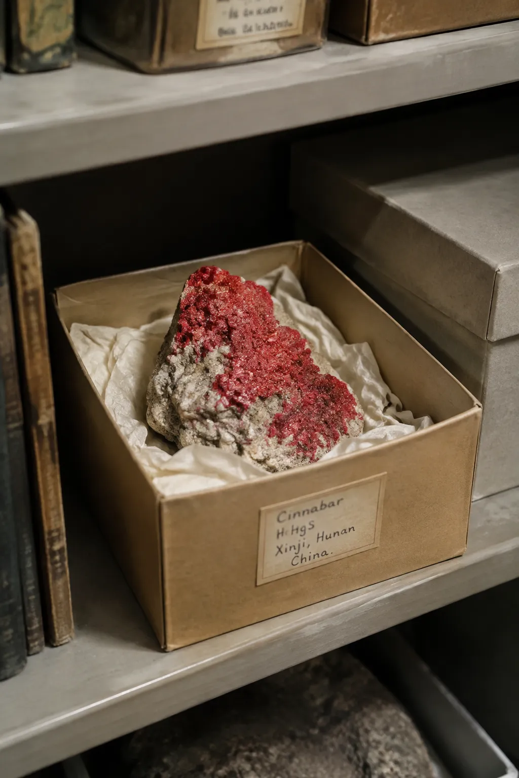 A labeled storage box for cinnabar kept dry and separate from casual handling