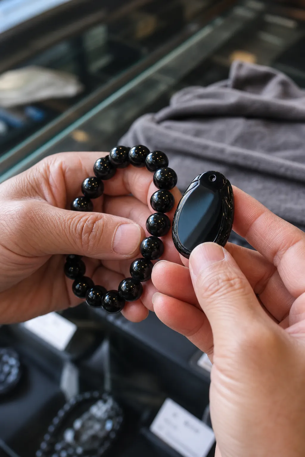 Black obsidian jewelry being checked for chips and sharp edges before wearing