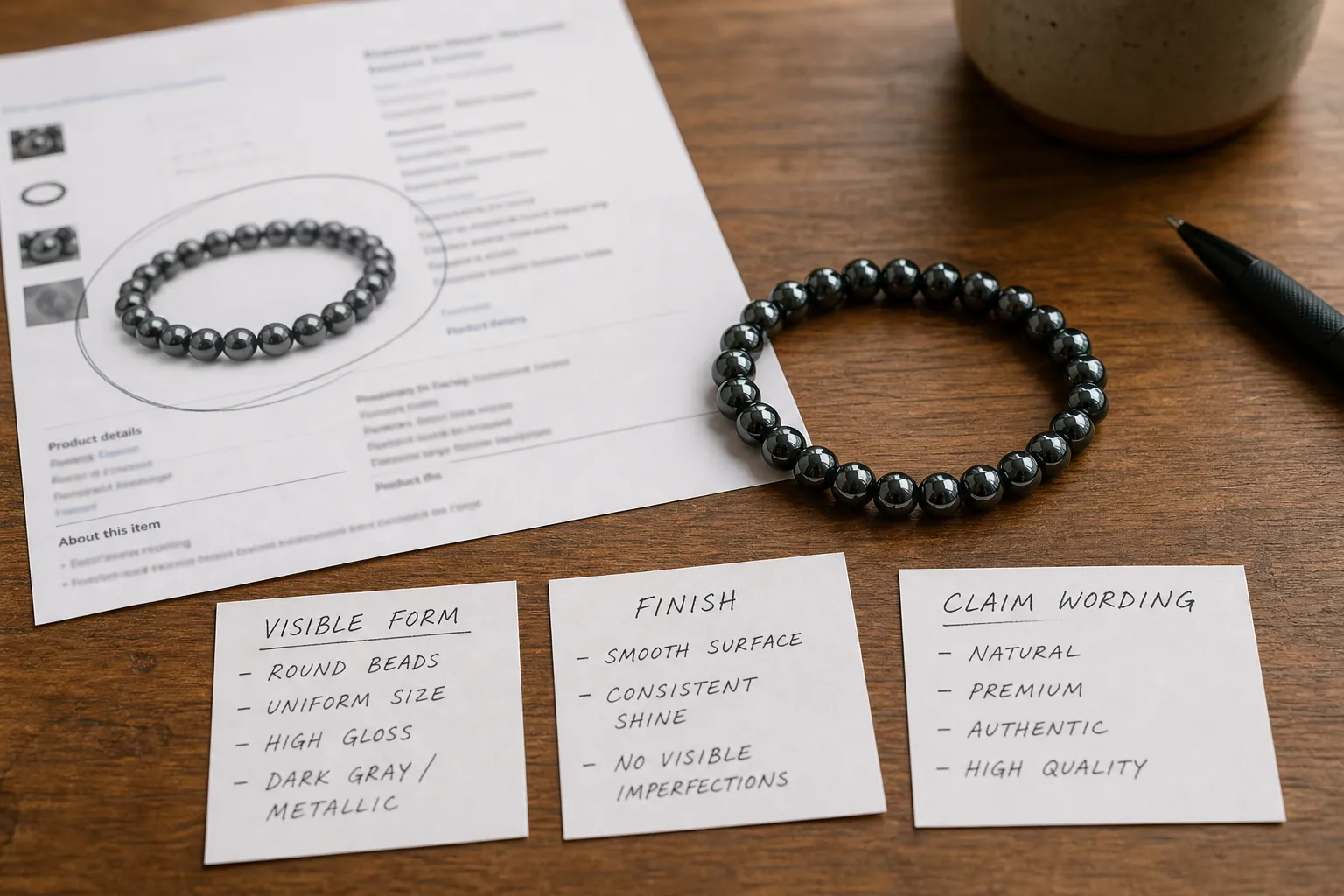A hematite bracelet listing being reviewed by separating visible qualities from grounding claims